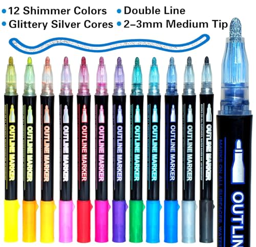 Muchcute Outline Markers Glitter Pens,12 Shimmer Toy Tween Teen Girl Gifts | Trendy Stuff Art Supplies Kids 6-8 9-12 10-12, Arts Crafts Kids Ages 8-12 Year Old Birthday Gifts, Cute Fun Crafts Girls 8-12