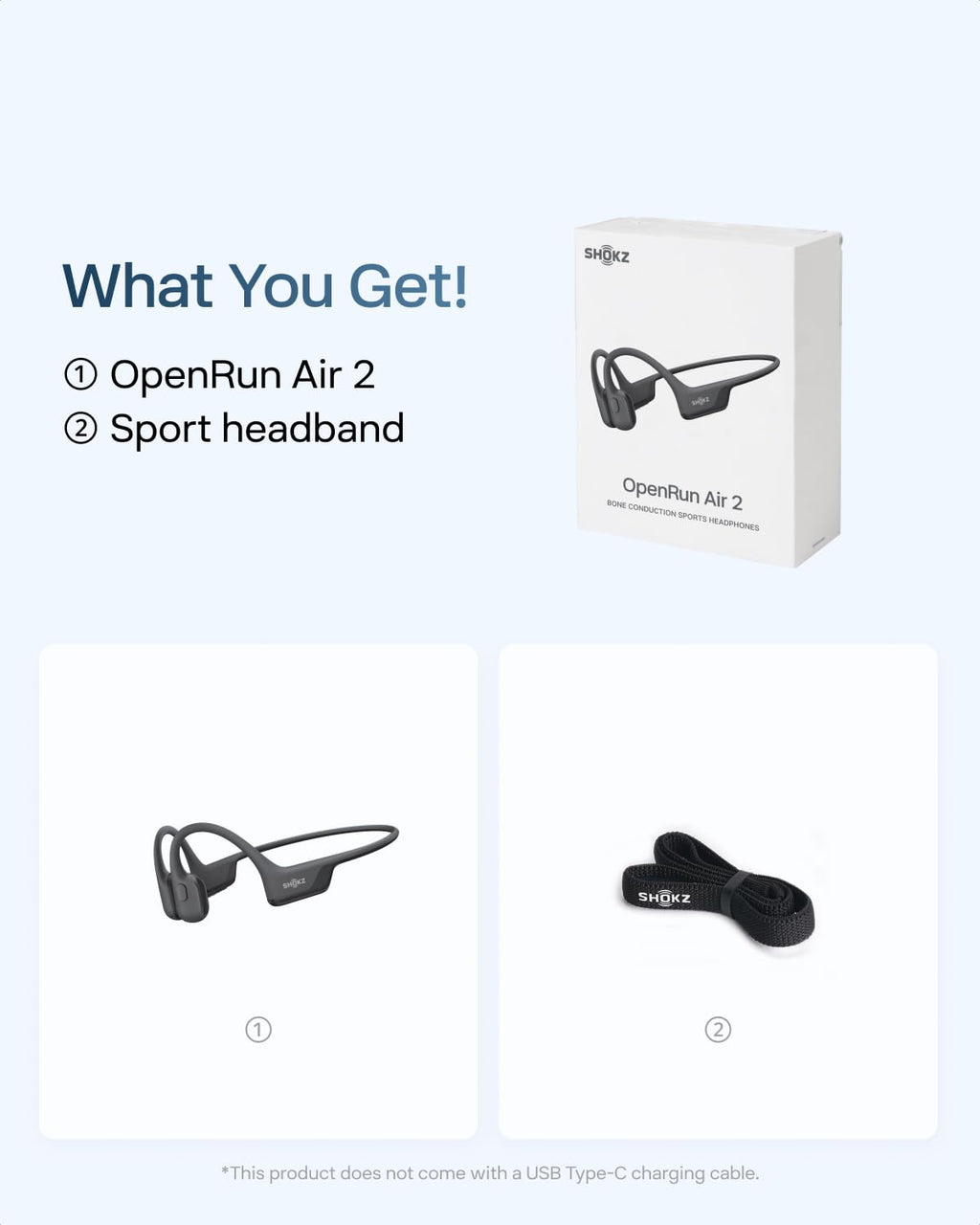 SHOKZ OpenRun Air 2 Bone Conduction Open-Ear Bluetooth Headphones，Black | Bundle with Hair Band；26.4g lightweight; Secure fit; PremiumPitch 3.0 sound; IP67; 10H battery; Running/cycling/hiking