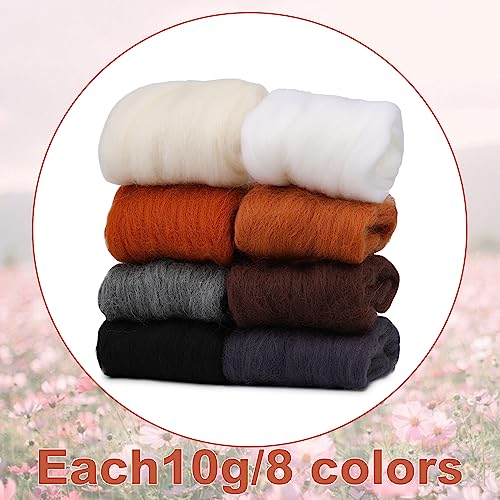 Wonvoc Needle Felting Wool 2.82 OZ, 8 Colors Wool Roving, Winter Dunes | 10g per Color, Felting Wool Bulk, Wool Roving for Needle Felting, for DIY Craft Materials, White, Black, Brown