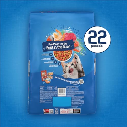 Friskies Purina Seafood Sensations Dry Cat Food, 22 lb Bag | Crunchy cat kibble with salmon, tuna and shrimp flavors, with protein for healthy muscles and fatty acids for skin and coat