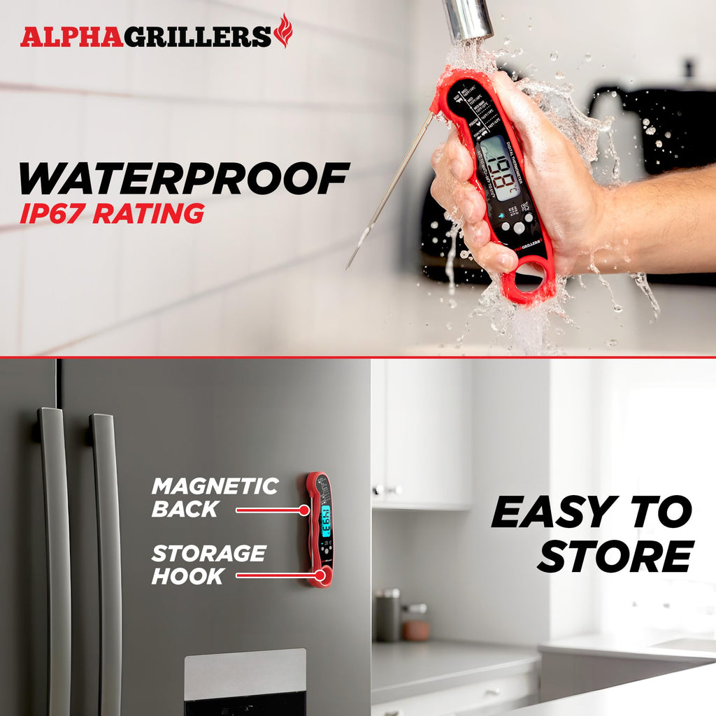 Alpha Grillers Instant Read Meat Thermometer Digital, Cooking, Food, Grill | 1-2 Second Ultra-Fast Response Time, Bright Backlit Display, Waterproof (IP67), Pre-Calibrated & Ready to Use