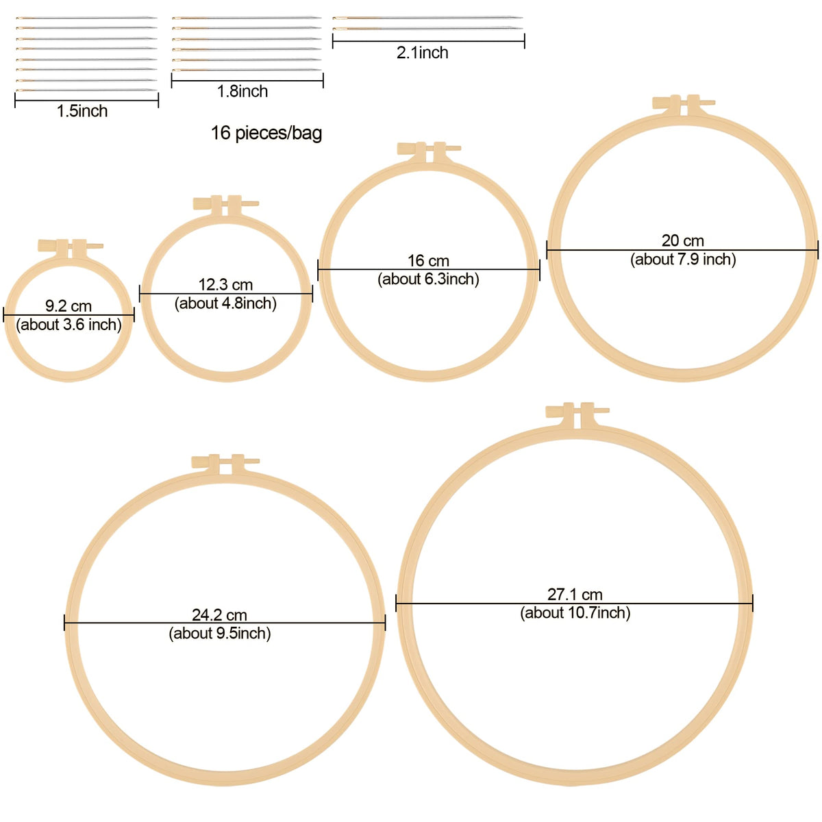 6 Pcs Embroidery Hoop, Round Plastic Cross Stitch Hoop with 16 Needles (3.6In to 10.7 in), Small Embroidery Hoop, Cross Stitch Hoops and Frames, Suitable for Embroidery, Craft Sewing