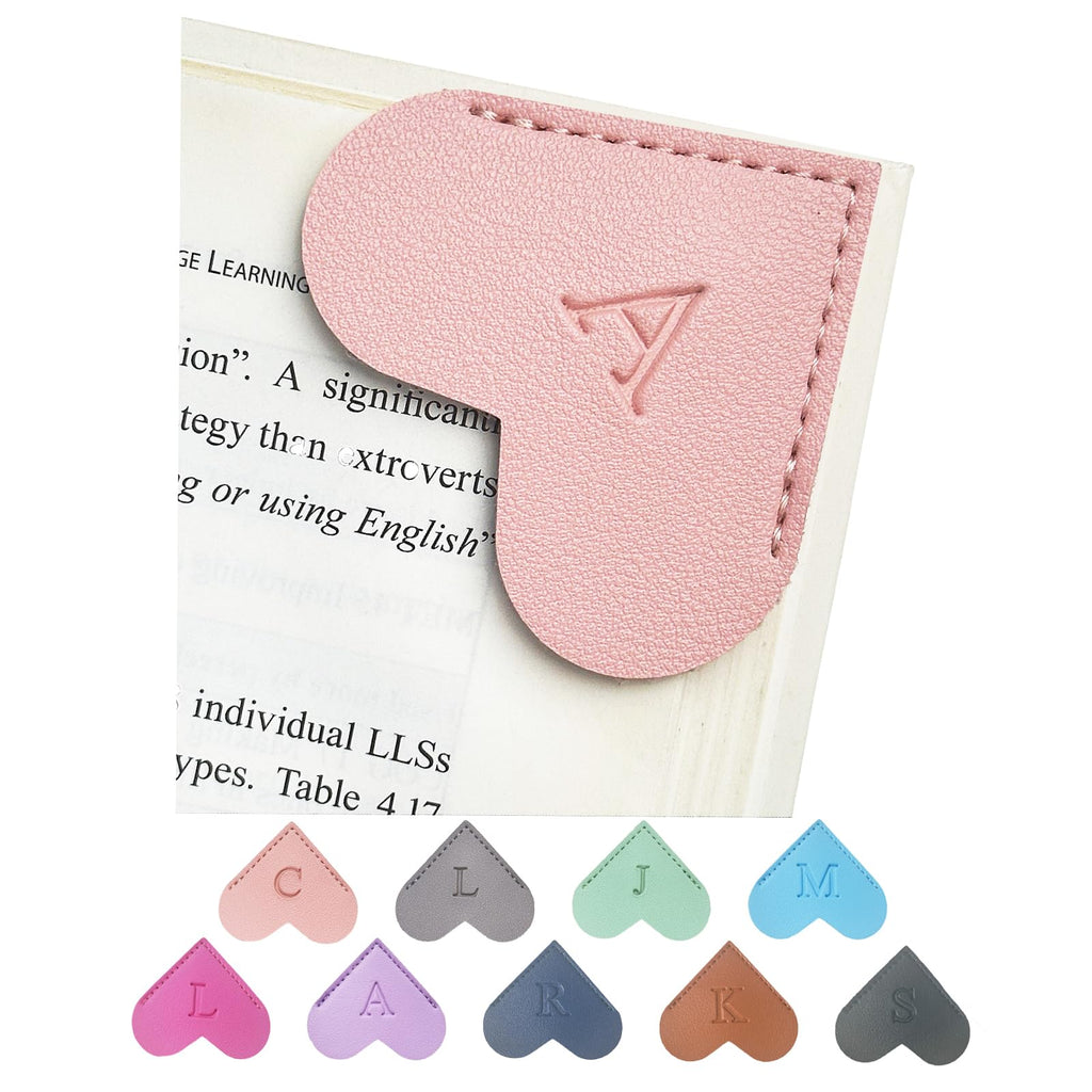 MOTEERLLU Personalized Leather Heart Bookmark with Initials | Handmade, Cute Custom Corner Book Marks for Reading Women, Teachers, Students, Book Lovers Gifts, Book Accessories(Pink, A)
