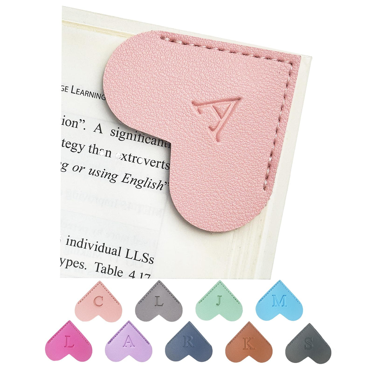 MOTEERLLU Personalized Leather Heart Bookmark with Initials | Handmade, Cute Custom Corner Book Marks for Reading Women, Teachers, Students, Book Lovers Gifts, Book Accessories(Pink, A)