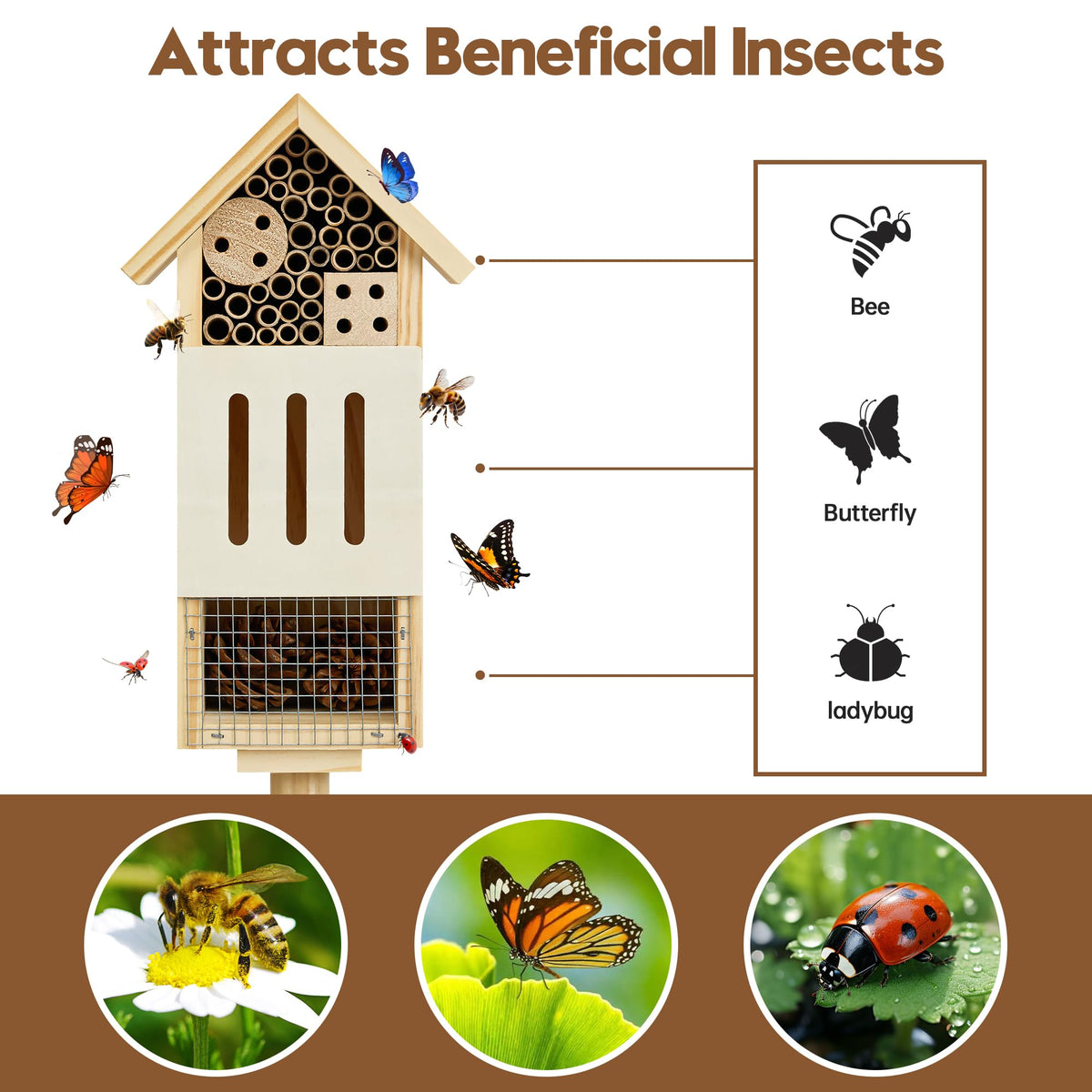 UUMENHA Bee House Bug Hotel & Butterfly House with Stake,Ladybug Hotel | Natural Insect Habitat for Garden, Patio, or Yard, Attracts Pollinators, 10.4 x 5.5 x 3.2 Inches,14 inches Stake