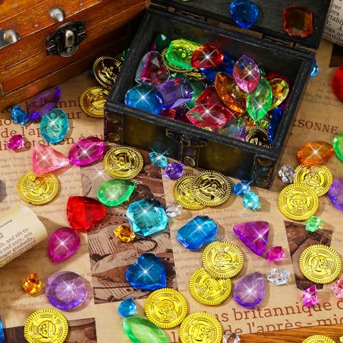 MARFOREVER 480 Pieces Pirate Treasure Pool Toy Gems Plastic Gold Coins | Acrylic Bling Gemstones, Colorful Fake Diamonds, Pirate Adventure Party Decorations, Kids Summer Sand Toy, Pirate Favors Gift