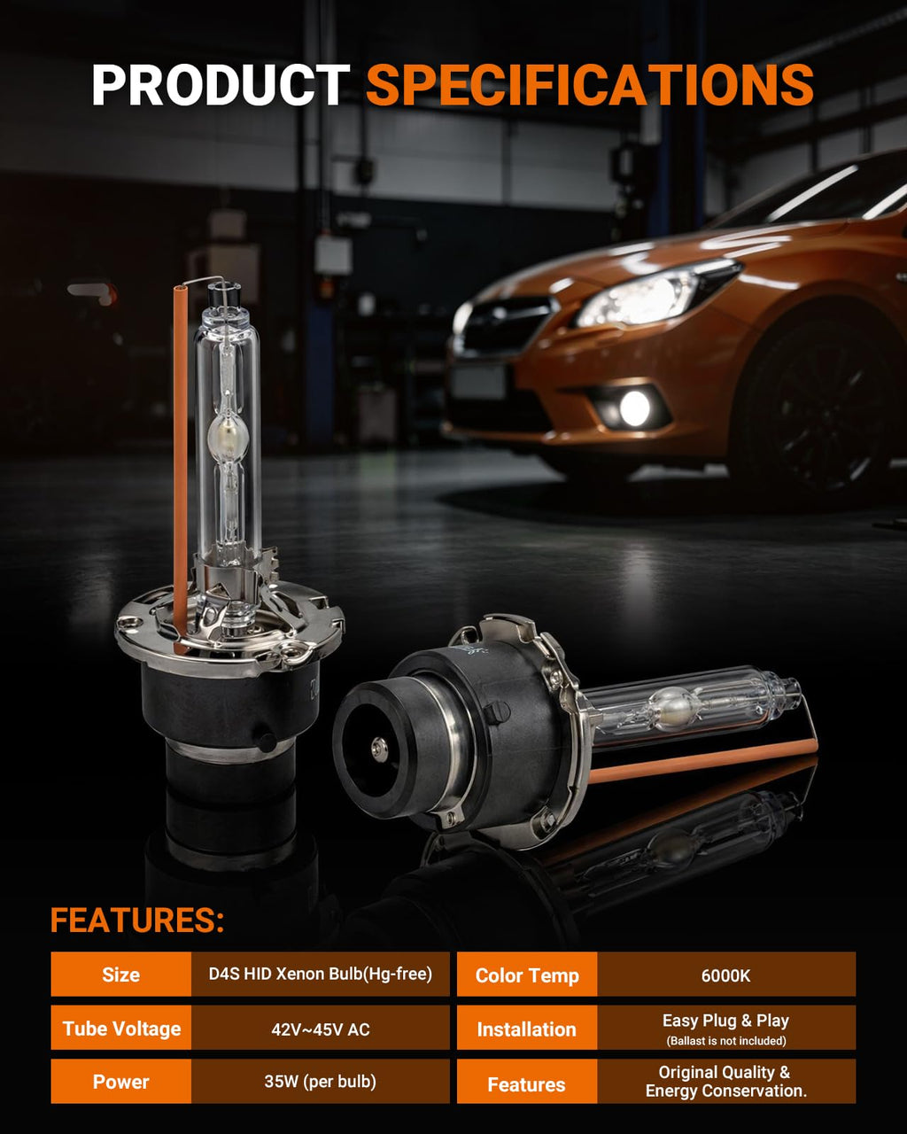 SEALIGHT D4S HID Bulbs, 6000K Daylight White Enhanced Visibility, 35W Direct Fit for 66440 42402 42402WX D4S Xenon Bulb, Pack of 2 (Halogen Headlamp Incompatible)