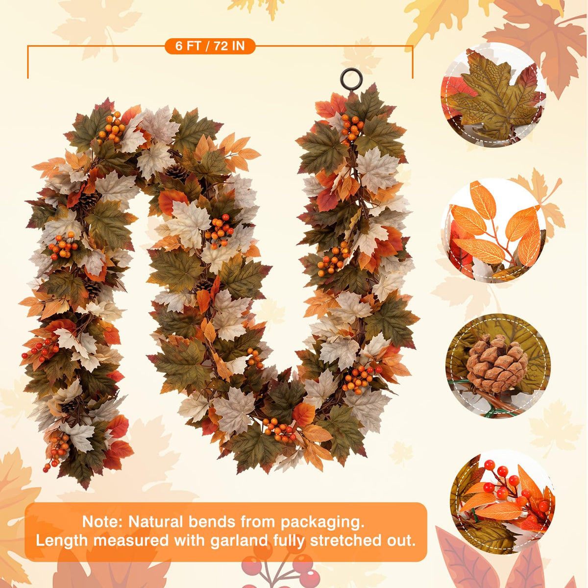 Luxspire 6 FT Fall Garland with Lights and Timer for Fall Decor | Fall Leaves Garland with Lights, Berries Maple Leaves Pinecones, Fall Decorations for Home Mantle Porch Window Stair Railing