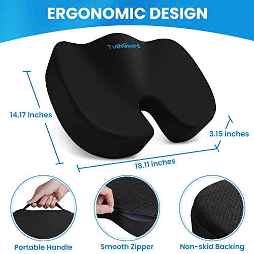 TushGuard Seat Cushion for Office Chair, Memory Foam Chair Cushion, Black | Office Chair Cushion for Car, Airplane - Chair Pad, Butt Pillow for Long Sitting Sciatica, Hip, Coccyx,Tailbone Pain Relief