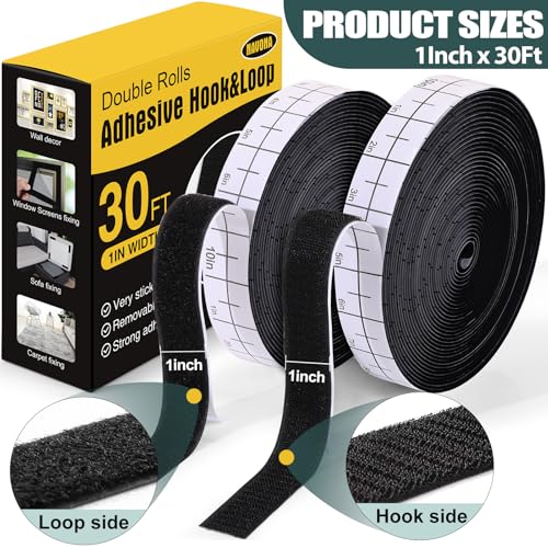 Navona 30Ft x 1 Inch Heavy Duty Hook and Loop Strips with Adhesive, Black | Extra-Strong Hold, Measuring Scale Liner, Bonus Scissors, Durable Nylon Hook & Loop Tape, Ideal for Home, Office & DIY