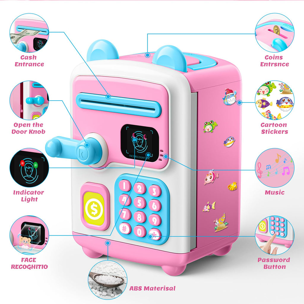 【Upgraded】 Piggy Bank, Face ID Password Unlocking Electronic Kids Bank ATM Security Unlocking Cash Coin Bank Toys Gifts for Kids, Coin Bank for 3 4 5 6 7 8 9 10 11 12 Year Old Girls Boys