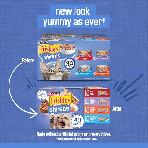 Purina Friskies Wet Cat Food Variety Pack, Shreds, 40 Pack 5.5 oz Cans | Beef, turkey and cheese, chicken and salmon, and ocean whitefish and tuna recipes in savory gravy