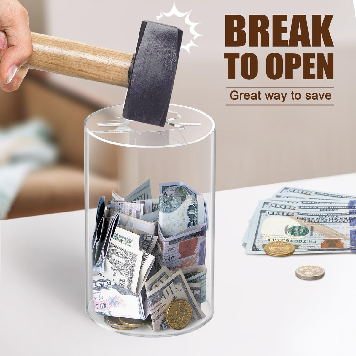 Hicocool Clear Piggy Bank, Must Break to Open, Acrylic Money Bank, 6"x3.54" | Unopenable Coin Bank for Adults & Kids, Clear Acrylic Money Saving Bank, Perfect for Birthdays, Holidays, and Gift Giving
