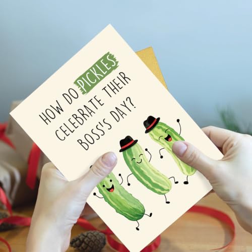 Funny Pickle Pun Boss's Day Card for Boss,Boss's Day Card Gift for Him Her. | Cute Pickle Boss Day Card, Humorous Workplace Joke Card for Boss with Golden Envelope