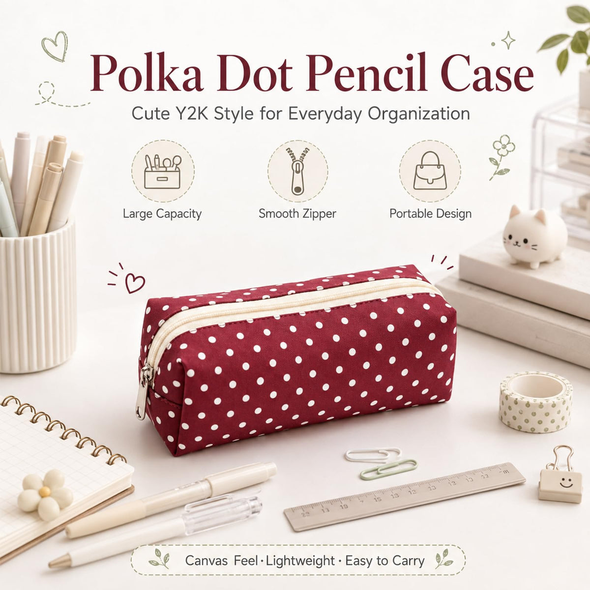 Polka Dot Canvas Pencil Case, Foldable Pouch for Stationery & Makeup, Black | Cute Polka Dot Canvas Pencil Pouch, Large Capacity Soft Aesthetic Pen Case Organizer for Supplies & Daily Use