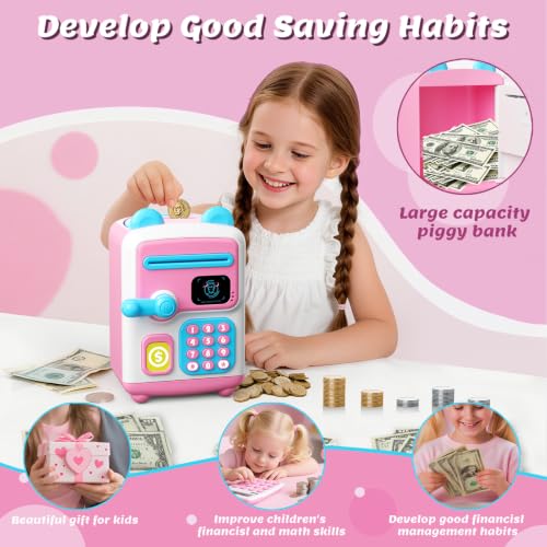 【Upgraded】 Piggy Bank, Face ID Password Unlocking Electronic Kids Bank ATM Security Unlocking Cash Coin Bank Toys Gifts for Kids, Coin Bank for 3 4 5 6 7 8 9 10 11 12 Year Old Girls Boys