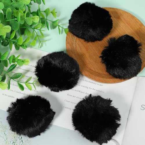 Mozeat Lens 6 Pcs Black Pom Poms Faux Fur Pom Pom Fluffy Pom Pom Balls, Round Fluffy Pompoms for Crafts with Tiny Cord for Hat Shoes Garment Hair Pins Earrings Necklace Charm Wedding Accessories