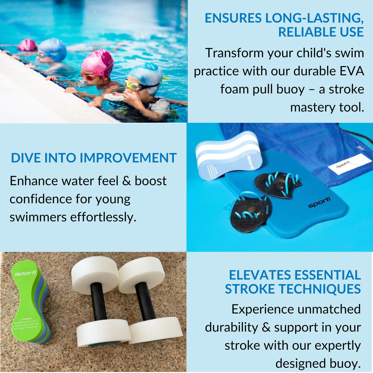 Sporti Junior Swim Training Pull Buoy Leg Float, Swim Lesson Equipments | 8.75 x 3 x 4.5 In, Kids Swim Training Aid, Closed-cell EVA Foam, Stroke Drill Float, Lap Lesson Tool, Swimming Accessories
