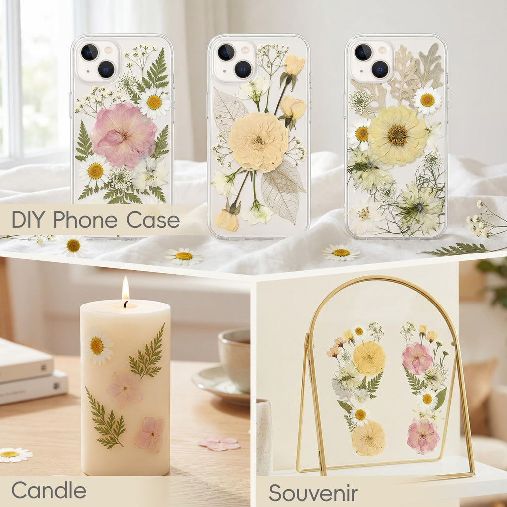 LUXEEASE 80P White Pink Dried Pressed Flowers | Ivory white palette, fits any project, blush butter hints, for wedding resin jewelry scrapbook frame decor, tweezers included