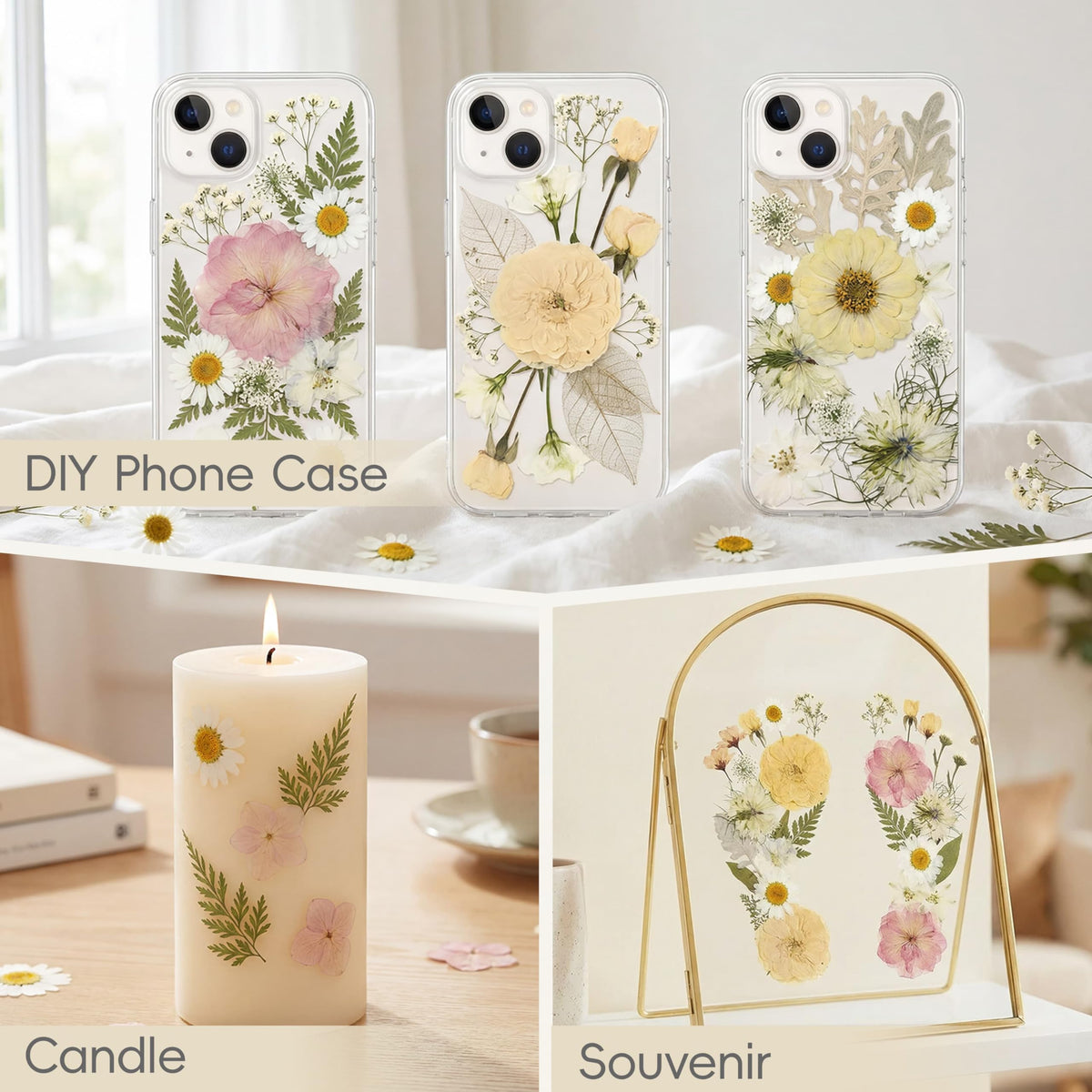 LUXEEASE 80P White Pink Dried Pressed Flowers | Ivory white palette, fits any project, blush butter hints, for wedding resin jewelry scrapbook frame decor, tweezers included