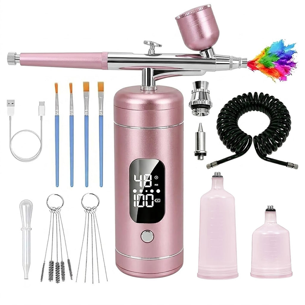 Cordless Airbrush Kit with Compressor, 48 PSI High Pressure, 3-Speed | 950mAh Rechargeable, 0.2/0.5mm Nozzles & 3 Cups, Non-Clogging, for Cake, Models, Makeup, Painting, Nail Art