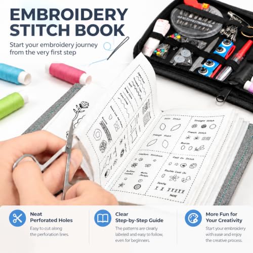 Embroidery Stitch Book Kit for Adults & DIY Craft Enthusiasts, Portable Embroidery Kit for Beginners, Includes Guide to 106 Patterns with Tools & Tutorials and 86-Piece Sewing Tool Set