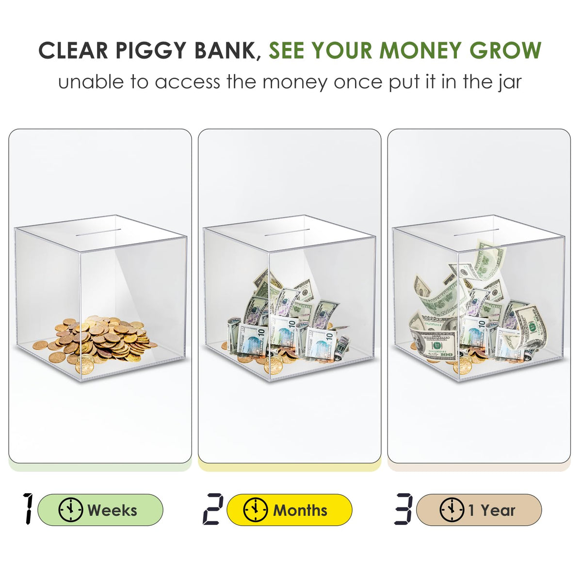 Piggy Bank for Adults Must Break to Open Acrylic Clear Piggy Bank Coin Bank | Vcertcpl Money Saving Box for Cash Saving, Unopenable Adults Bank for Real Money Bank Change Jar (Clear, 12x12CM)