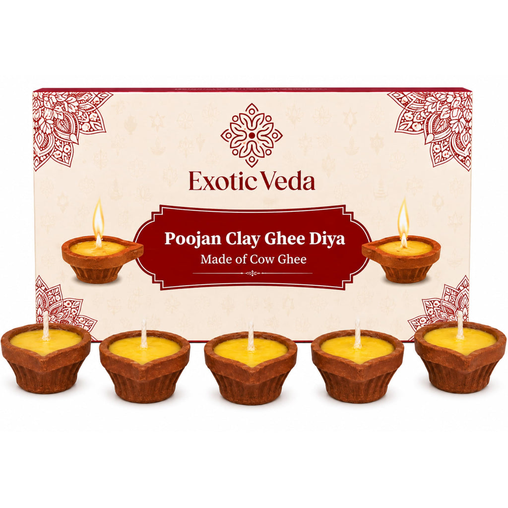 Handcrafted Poojan Clay Ghee Diya Set of 15 - Eco-Friendly Homemade Diya with Premium Cow Ghee Wick for Spiritual Rituals, and Religious Ceremonies, Meditation.