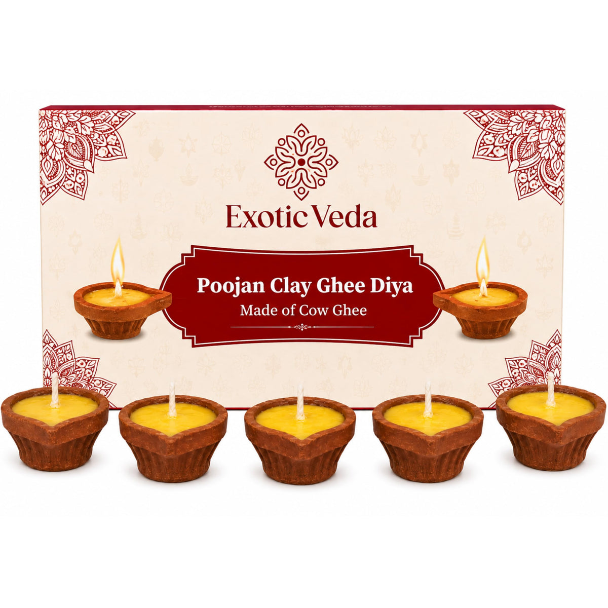 Handcrafted Poojan Clay Ghee Diya Set of 15 - Eco-Friendly Homemade Diya with Premium Cow Ghee Wick for Spiritual Rituals, and Religious Ceremonies, Meditation.