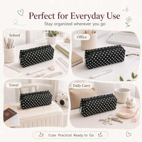 Polka Dot Canvas Pencil Case, Foldable Pouch for Stationery & Makeup, Black | Cute Polka Dot Canvas Pencil Pouch, Large Capacity Soft Aesthetic Pen Case Organizer for Supplies & Daily Use