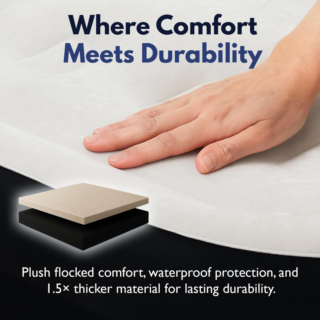King Koil Air Mattress Queen with Built-in Pump, 20” Raised Airbed | Luxury blow up mattress for guests & home • Inflates in 2 minutes • 650 lb capacity • Patented high-speed pump