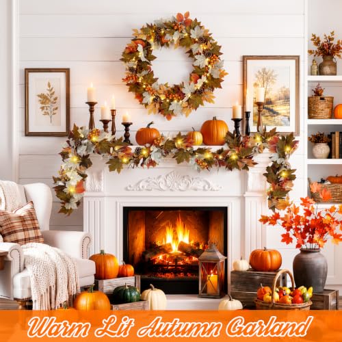 Luxspire 6 FT Fall Garland with Lights and Timer for Fall Decor | Fall Leaves Garland with Lights, Berries Maple Leaves Pinecones, Fall Decorations for Home Mantle Porch Window Stair Railing