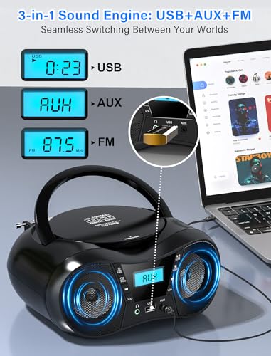 Greadio Portable Boombox CD Players for Home with Bluetooth, Stereo Sound | FM Radio CD Player, Simple Controls, CD/CD-R/RW, Compact, AC/Battery Power, USB & AUX Input Playback, Sleep Timer (Black
