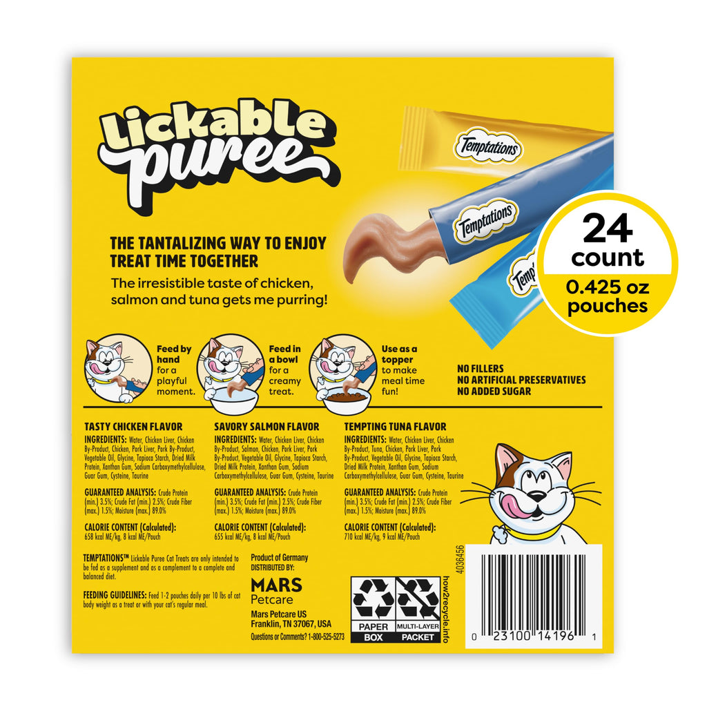 Temptations Creamy Puree Cat Treats, Chicken, Salmon & Tuna, 24 Count | Chicken, Salmon, Tuna flavors, under 15 cal/tube, no added sugar/fillers, squeezable treat or meal topper, great for seniors