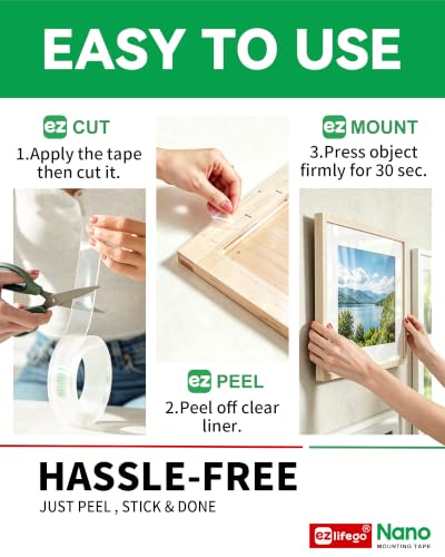 EZlifego Heavy Duty Invisible Bond Nano Double Sided Mounting Tape, 9.85FT | Nano-Tech, Holds up to 72 lbs, All-Purpose, Instant Hold, Industrial-Strength Adhesive, Indoor & Outdoor Decor,Back to School