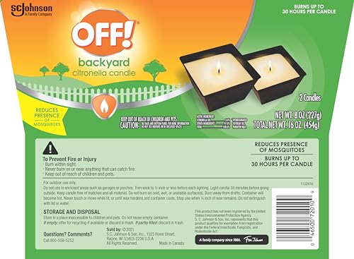OFF! Backyard Citronella Outdoor Candle, 8 oz (2-Pack) | Reduces the Presence of Mosquitoes and Insects, Up to 30 Hour Burn Time Per Candle, Patio and Backyard Use, Ambient Glow