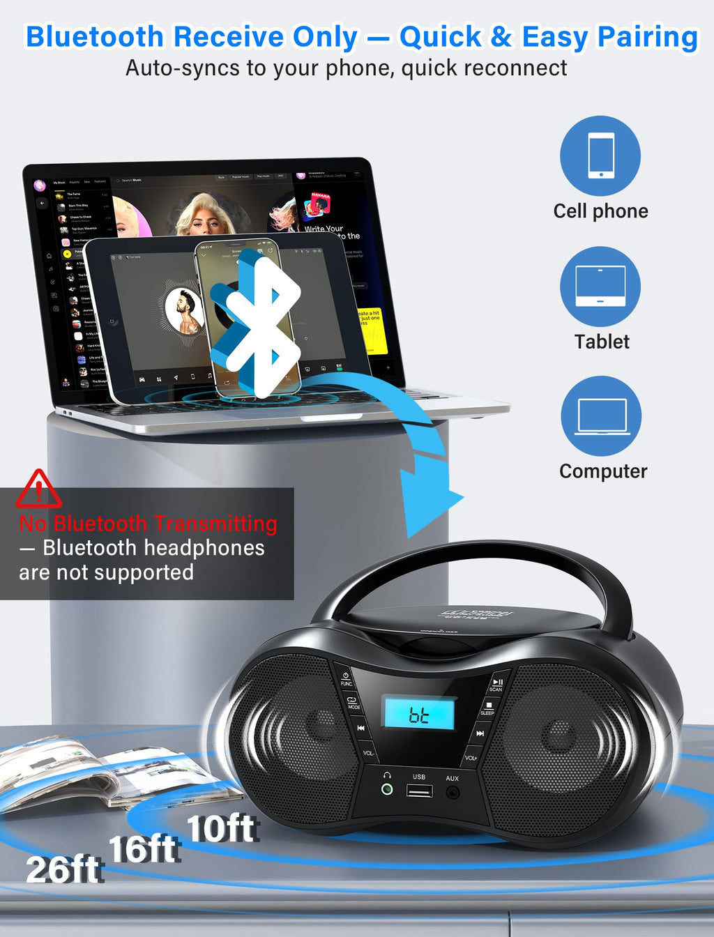 Greadio Portable Boombox CD Players for Home with Bluetooth, Stereo Sound | FM Radio CD Player, Simple Controls, CD/CD-R/RW, Compact, AC/Battery Power, USB & AUX Input Playback, Sleep Timer (Black