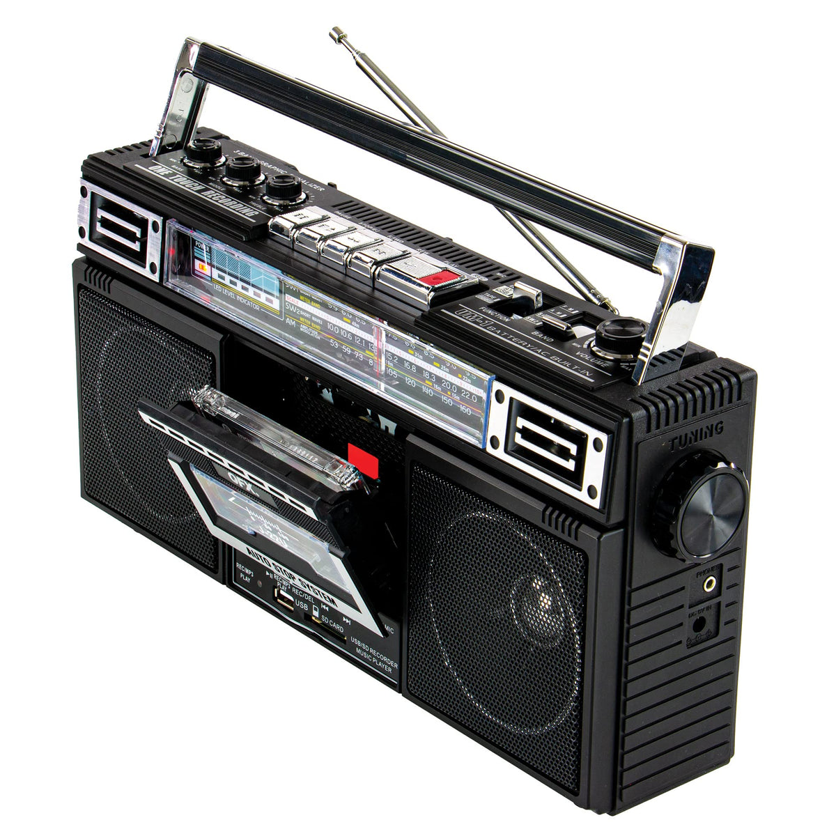 QFX Retro Bluetooth Boombox Cassette Tape Player Recorder, J-220BT, Black | Portable, Dual 3" Speakers, AM/FM/SW1/SW2 Radio, Rechargeable Battery, Built-In Mic, Recorder, 3-Band Equalizer