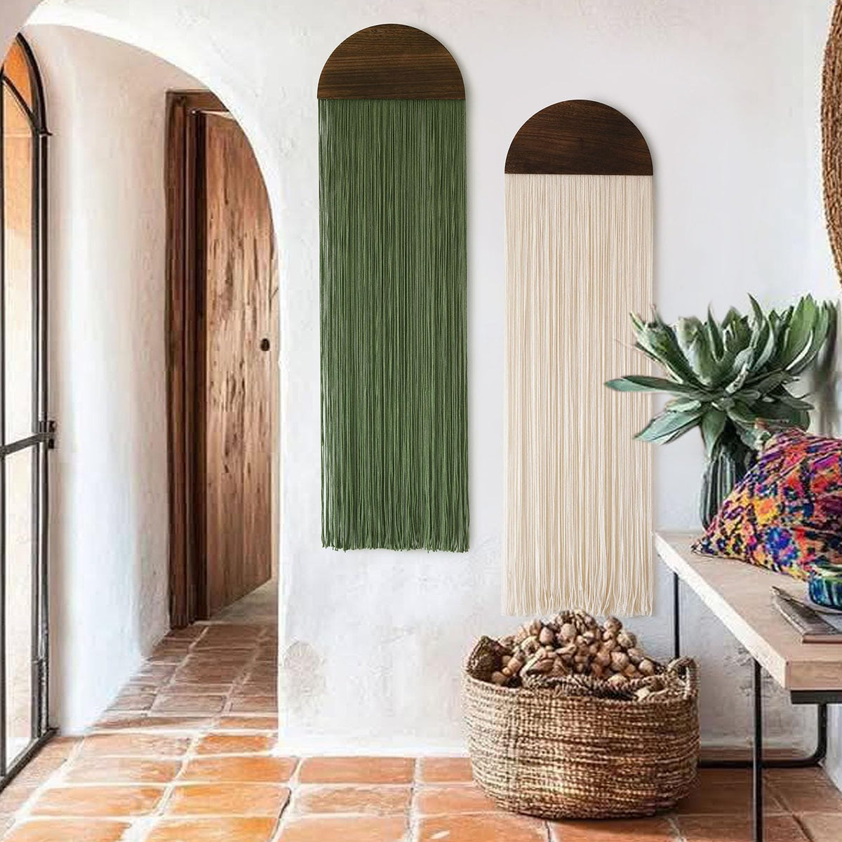 2Pcs Macrame Wall Hanging Boho Decor yarn Handmade Round Tassel 13.7"W*51"L | Bohemian Home Style, Nursery Apartment Office Accent, Premium Cotton Rope, Artisan Handmade Texture, Warm Interior Touch