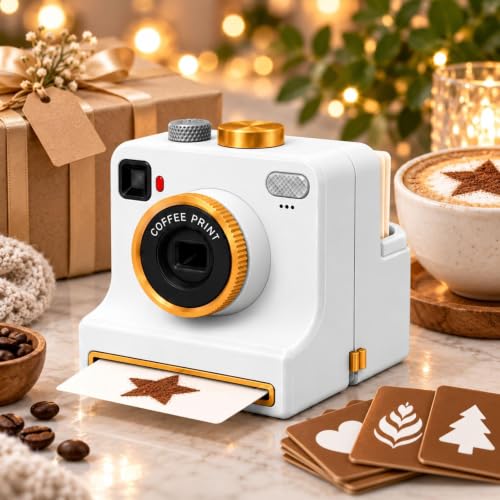 Manual Coffee Art Printer, Retro Camera-Style Latte Stencil Maker with 4/34 Random Pattern Cards, One-Press Powder Reusable Coffee Art Tool for Cappuccino, Foam Drinks，White：34 Random Stencils