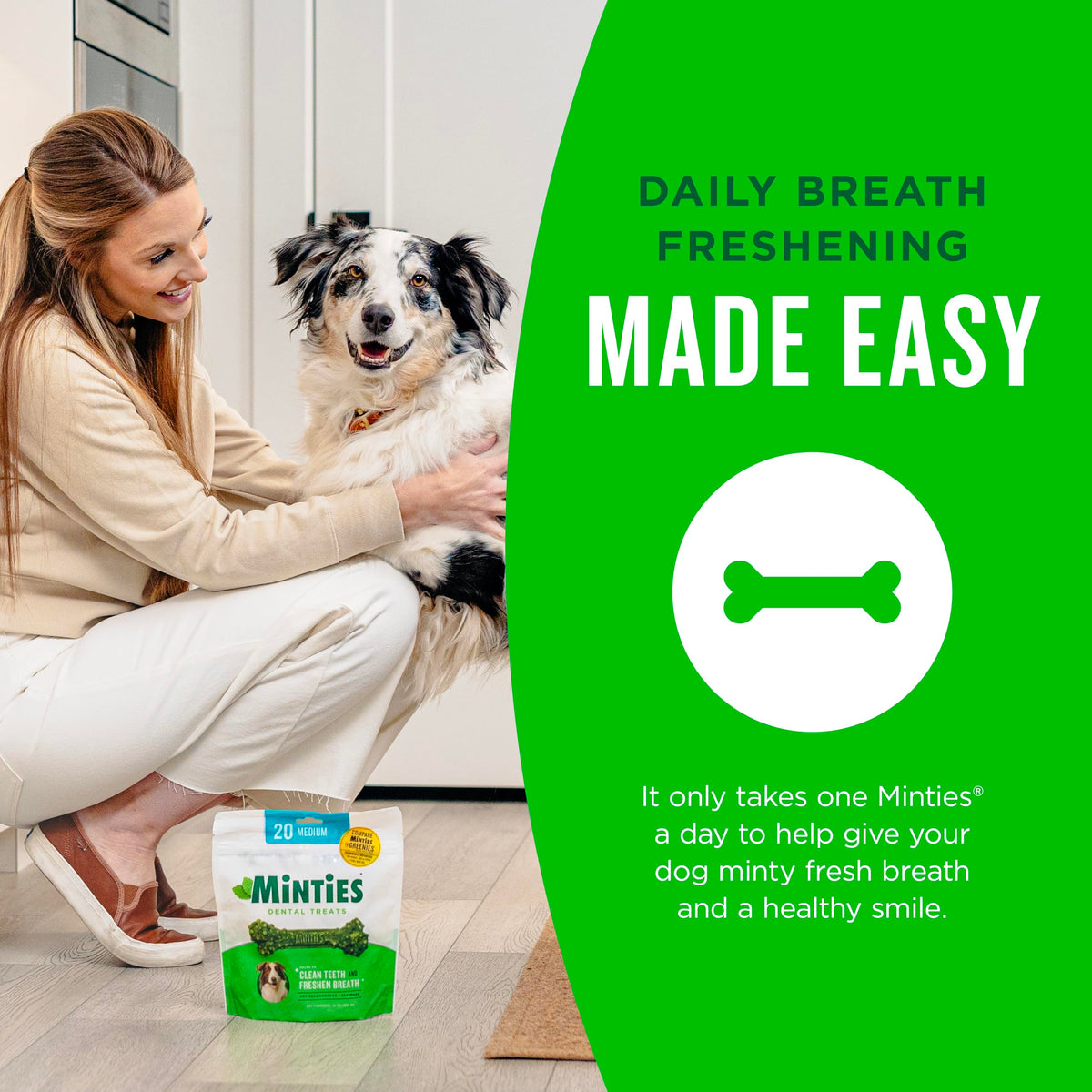 Minties Mint Dental Chews for Dogs, Medium Breeds 25-50 lbs, 40 Ct | Vet-recommended mint dental bone; scrubs teeth as dogs chew; fights plaque, tartar & bad breath; no soy/wheat/corn