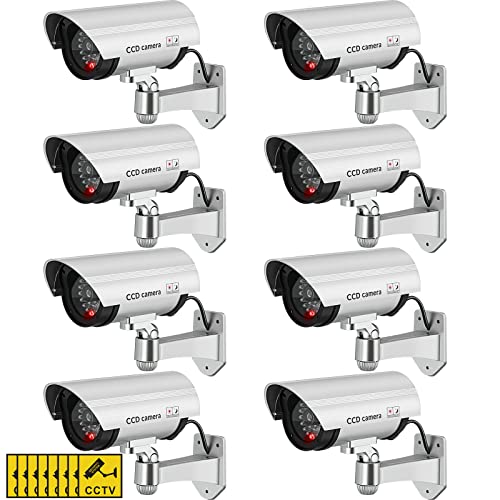 8 Pack Fake Security Cameras with Flashing LED for Home & Residential | Dummy Surveillance Camera, Front Door Backyard Driveway Mailbox Outside & Indoor Security, Fake CCTV, Warning Stickers