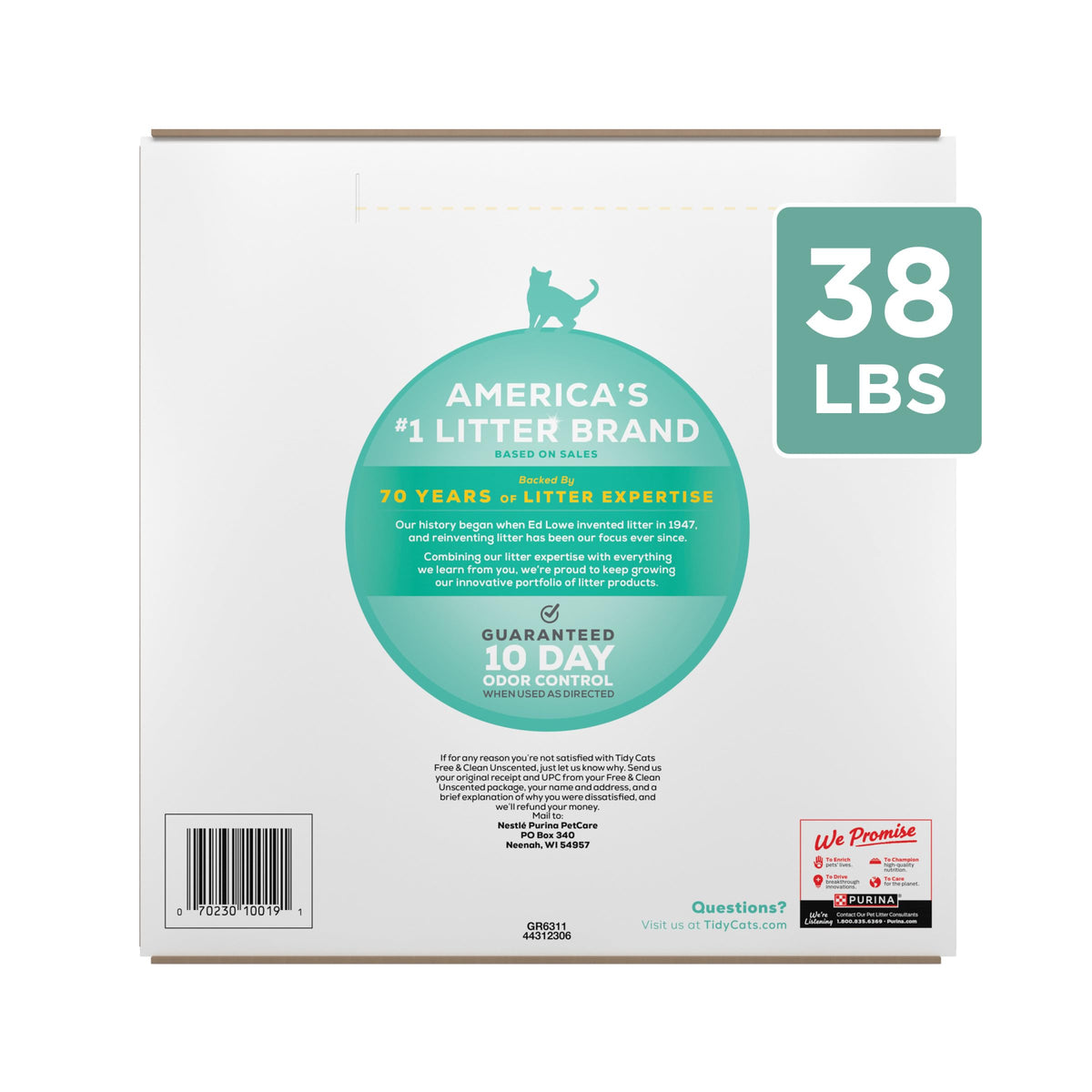 Purina Tidy Cats Free and Clean Unscented Clumping Cat Litter, 38 lb Box | Activated charcoal delivers lasting odor control, made without fragrances or dye, clumping