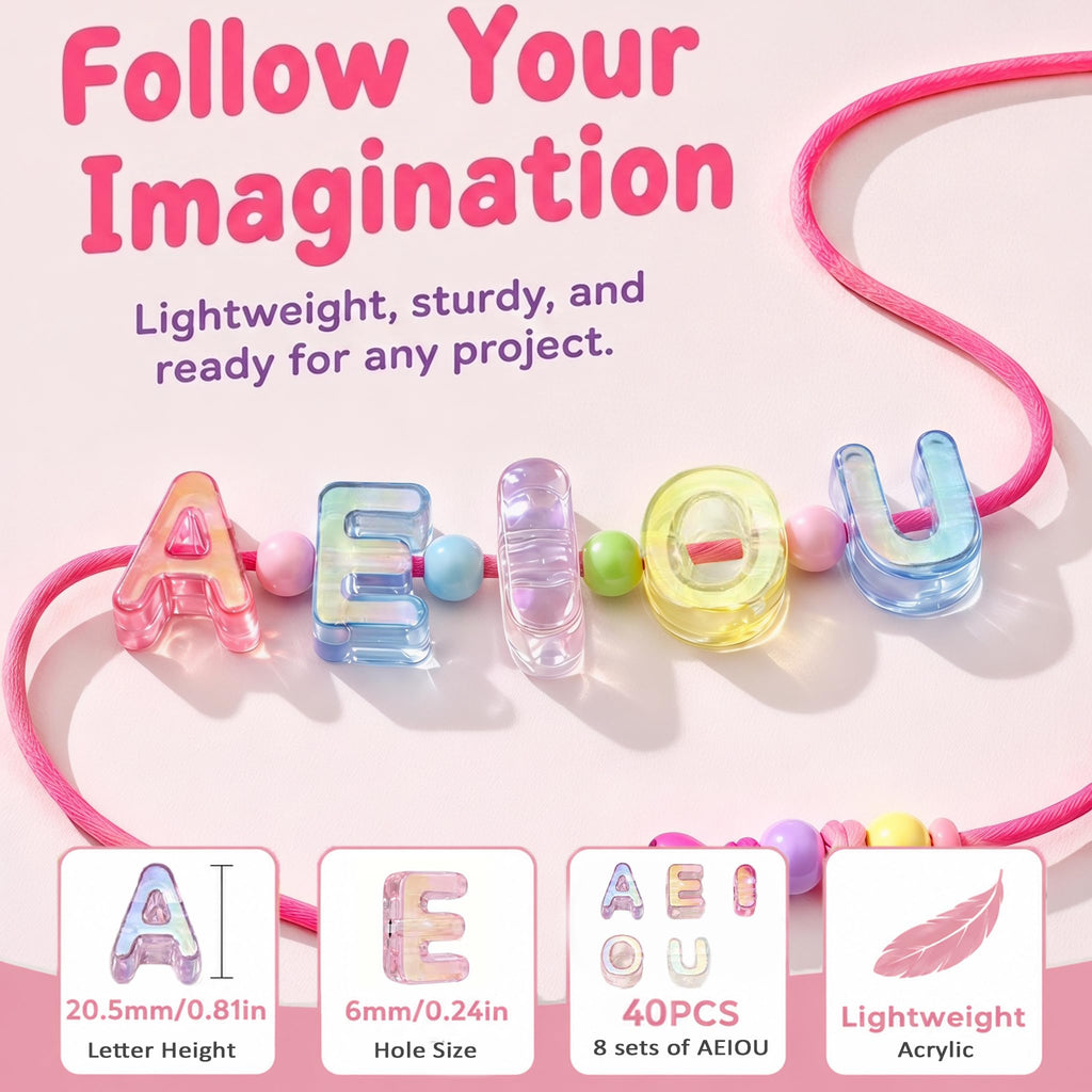 Leovqn 40Pcs AEIOU Large Letter Beads with Big Hole Bubble Alphabet Beads | Transparent Colorful Chunky Acrylic Letter Beads for DIY Keychains Bracelets Jewelry Bag Charms