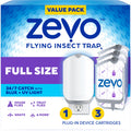 Zevo Flying Insect Trap for Fruit Flies & Gnats, 1 Plug-in Base & 3 Refills | Catches Fruit Flies & Gnats Near Fruit Bowls & Trash Bins, Spray-Free, Odor-Free, Blue & UV Light Trap, Safe for Kids & Pets*