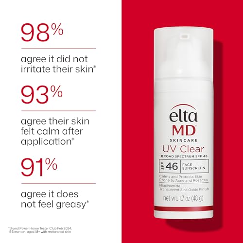 EltaMD UV Clear Face Sunscreen with Zinc Oxide, Oil-Free, SPF 46 and SPF 50 | Calms and Protects Acne-Prone Skin and Rosacea, No White Cast, Dermatologist Recommended, Available in Three Tints and Sizes