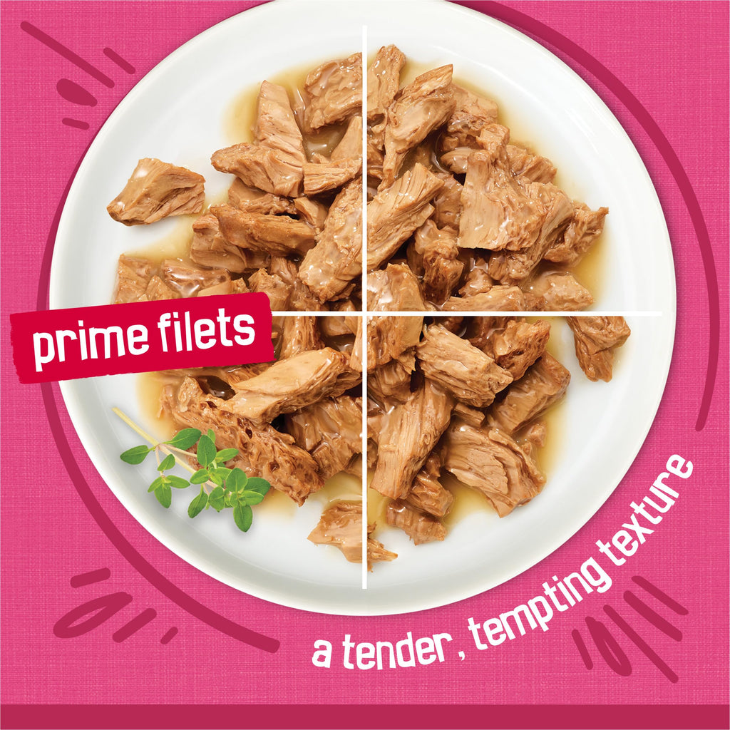 Purina Friskies Prime Filets Cat Food Variety Pack, 40 Pack 5.5 oz Cans | Surfin' and Turfin' wet cat food favorites in a savory gravy, made with real meat, poultry and seafood