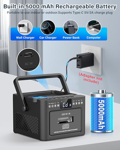Sunoony Boombox Cassette CD Player Combo with Bluetooth, 5000mAh Battery | Rechargeable Cd and Cassette Player for Home,FM Radio/Remote Control/Tape Recording/AUX/TF/USB/Earphone Jack for Kids, Gift