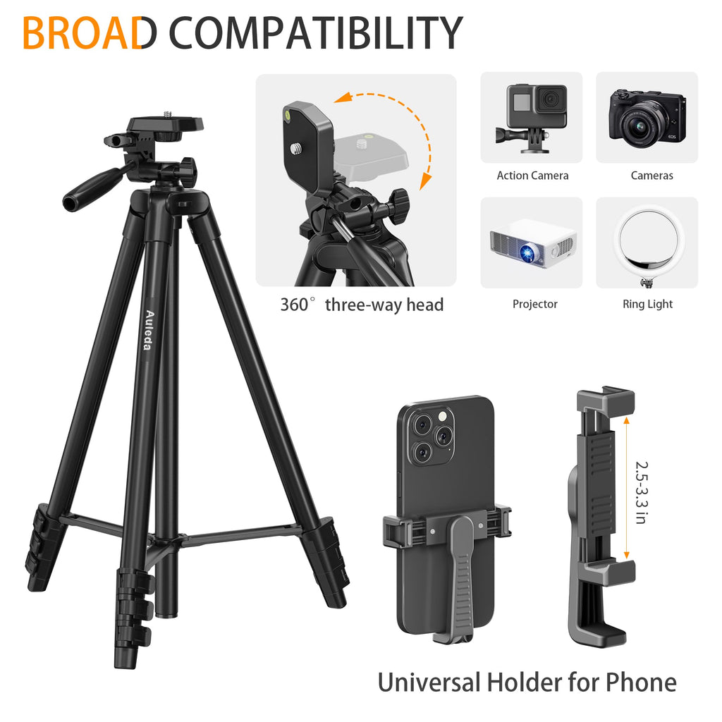 Auleda 60″ Camera Tripod Lightweight Travel Stand for Canon Nikon Phone | with Wireless Remote Phone Holder and Bag Max Load 6.6 LB Black