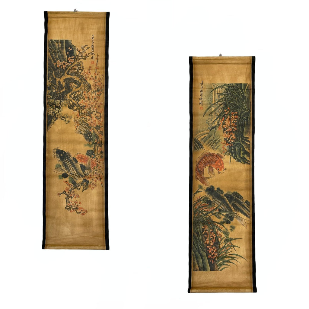 CIFIBIFUN Wall Scroll Hanging Painting Decor Japanese Art Koi Fish Fengshui | 4Panels,Ancient Japan Paintings Replica ,Asia Traditional Art, Attract Wealth, Four Season Flower